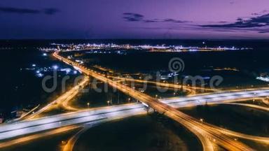 高架桥高架桥夜间里加钻机时间推移城市大桥高架桥道路交通机钻速车